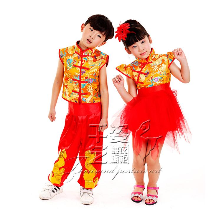 儿童舞台舞蹈演出服中国风龙凤锦褂蓬蓬纱裙六一民族团体舞蹈男女