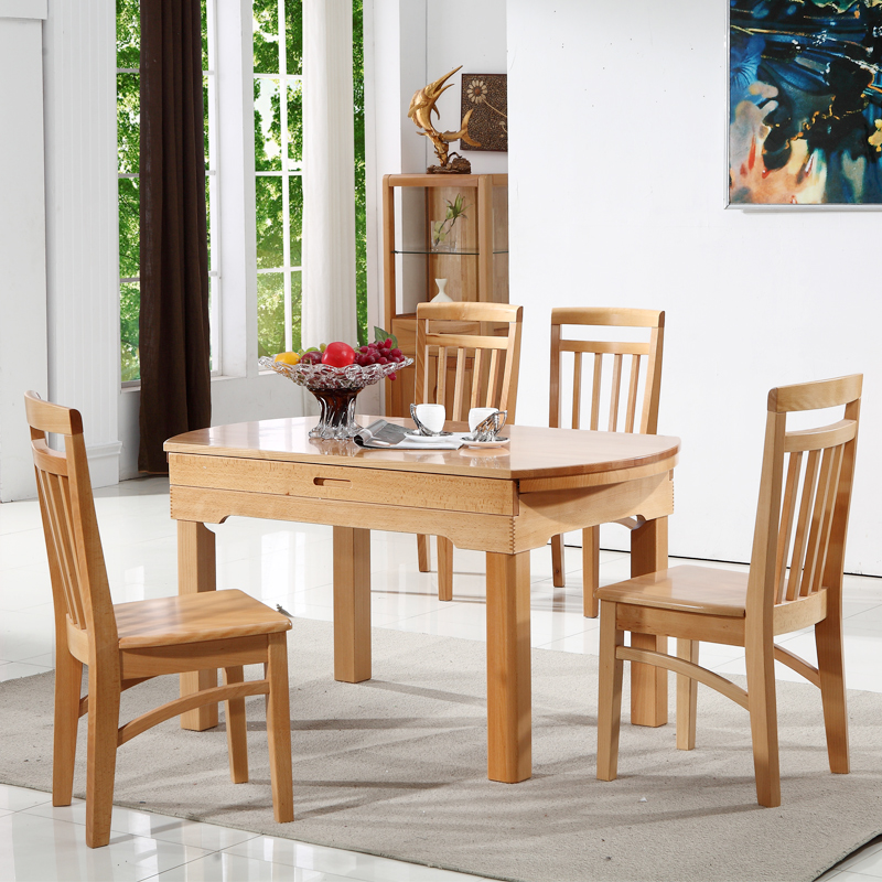 绿歌纯实木餐桌榉木餐台椅组合小户型简约现代折叠伸缩圆形餐桌