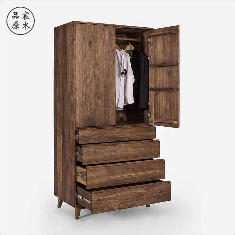 北欧全实木衣柜现代简约日式黑胡桃对开门柜四抽衣橱橡木卧室家具