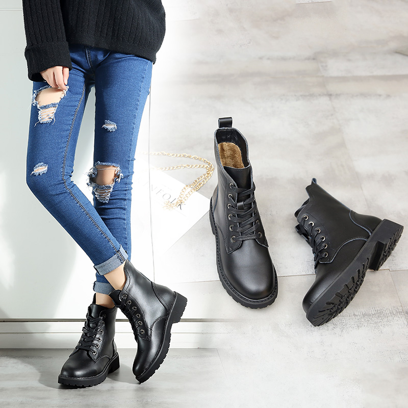 二棉鞋女2016新款短靴韩版加绒冬季女鞋黑色中跟真皮系带马丁靴子