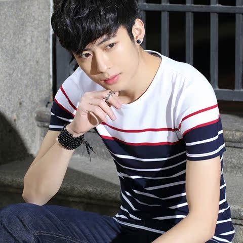 夏季条纹短袖t恤 男士韩版修身青少年半袖上衣服潮流学生大码体恤