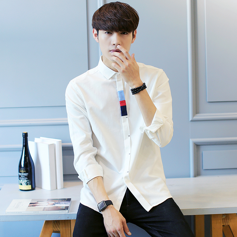 2016新款秋季青少年韩版纯色长袖衬衫休闲修身正装衬衣潮男学生