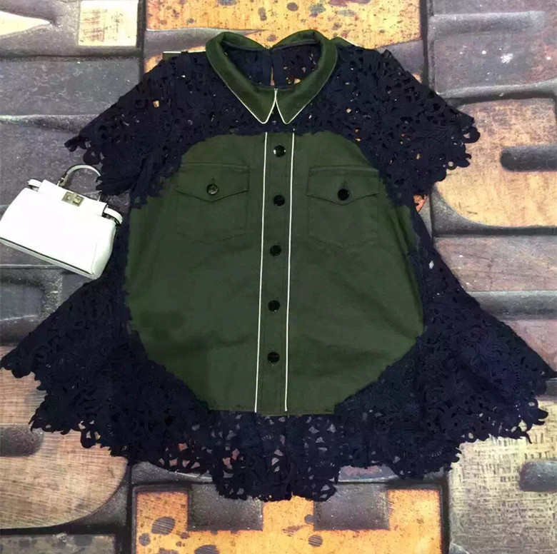 2017SS 高端定制 女装军绿色立领镂空军装水溶花拼接蕾丝上衣