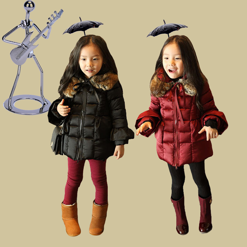 韩版女童中长款羽绒服带大毛领1-3-6-8岁中小童女宝宝加绒厚棉衣