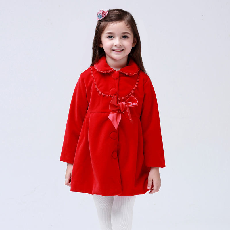 2015新款童装 韩版冬季新款女童外套 蝴碟结花边兔羊绒中小童外套