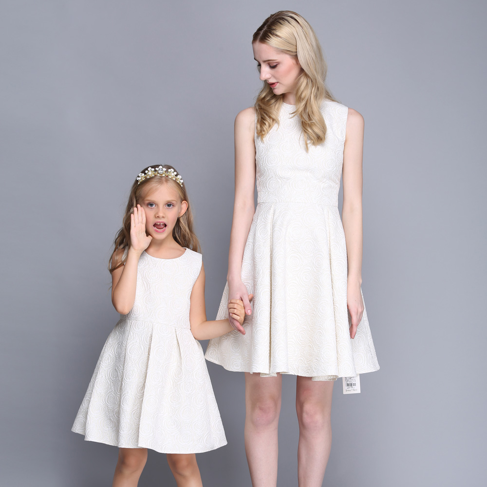 2016欧美高端亲子装夏季新款白色金丝提花无袖母女装连衣裙纯棉里
