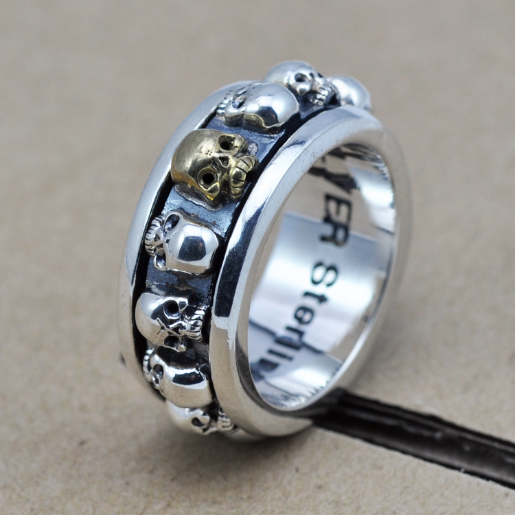S925纯银戒指男款泰银霸气复古骷髅头 转动戒指 时尚摇滚朋克戒指