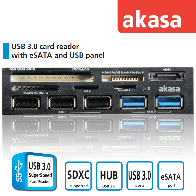 akasa电脑软驱位多合一高速读卡器USB3.0万能相机内存卡TF通用HUB