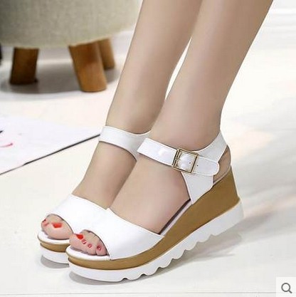 2016夏季新款白色韩版松糕厚底凉鞋女鞋高跟坡跟鱼嘴罗马平底潮鞋