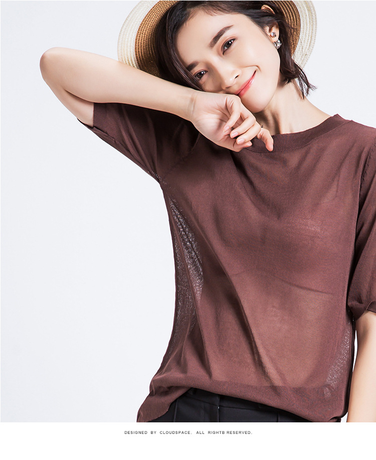 2016夏季新款韩版女装 超薄透视亚麻圆领套头中袖针织衫时尚T恤女