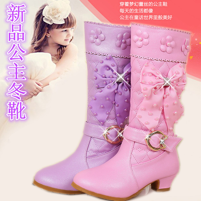 女童高跟靴子冬季儿童公主靴韩版小女孩高筒长靴马丁靴加绒雪地靴