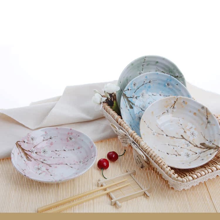 日本正品REINE陶瓷餐具四色梅花陶瓷盘子4P高档礼盒套装