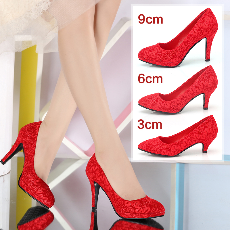 结婚鞋子红色新娘鞋细跟尖头高跟鞋女单鞋秋冬季中式婚鞋新娘红鞋