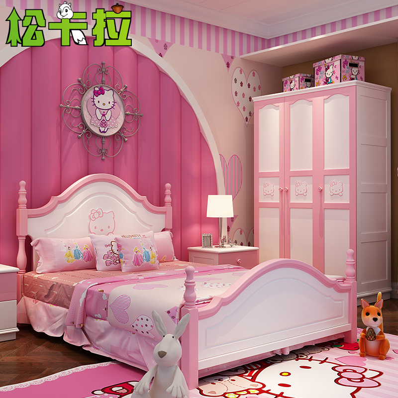 hellokitty儿童床女孩1.21.5米儿童套房家具实木单人公主床粉红色