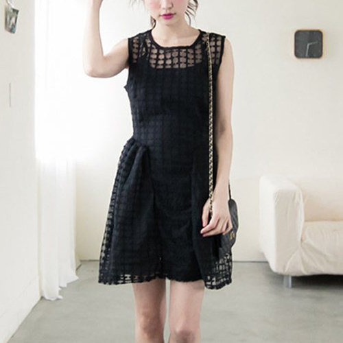 连衣裙夏季女装2016韩版新款纯色镂空A字无袖显瘦修身两件套短裙