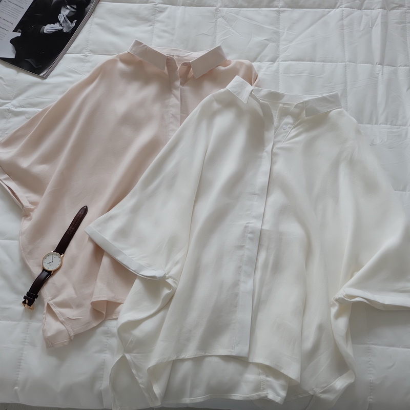 韩系简洁/纯色翻领7分袖宽松显瘦衬衫 好看的袖子卷边防晒上衣 女