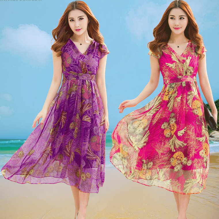 波西米亚长裙沙滩裙仙宽松海边度假桑蚕丝夏季甜美女式真丝连衣裙