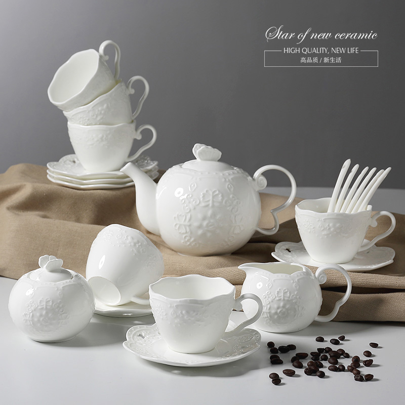 欧式创意浮雕陶瓷纯白咖啡杯碟套装简约下午茶点大壶奶壶糖罐包邮