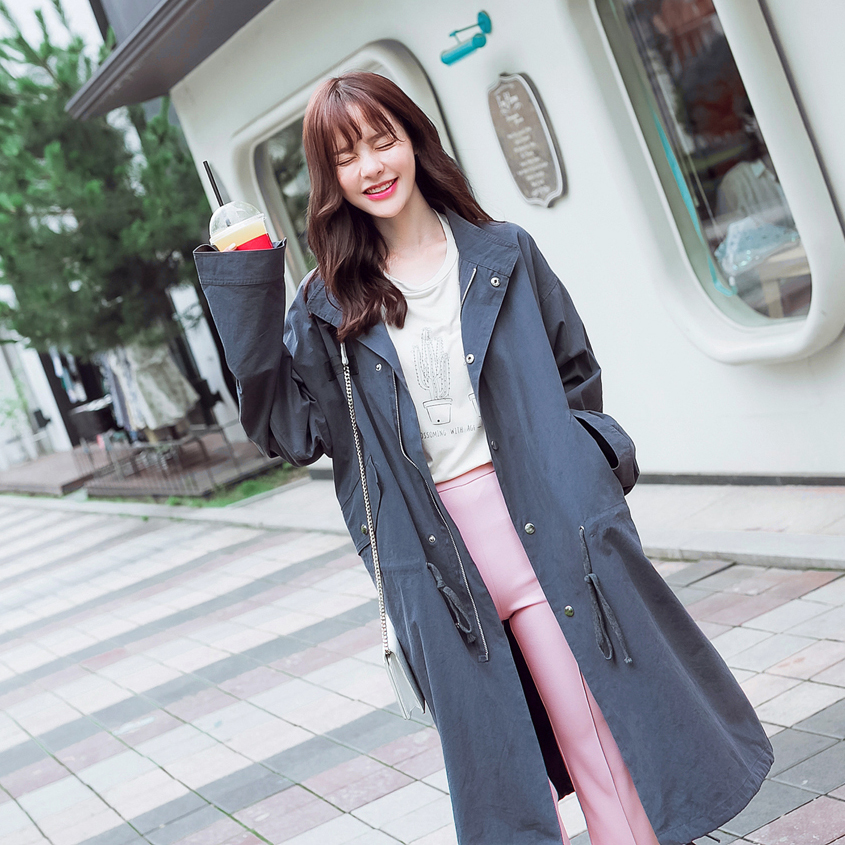 独家定制2016韩国最新出品春季深灰色 中长款女式风衣外套秋装