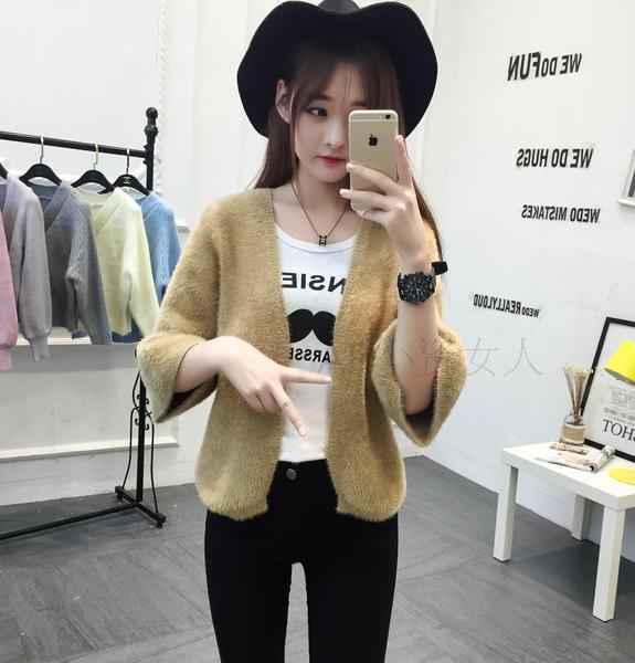 2016秋装新款韩版长袖马海毛女装针织小开衫修身短外套
