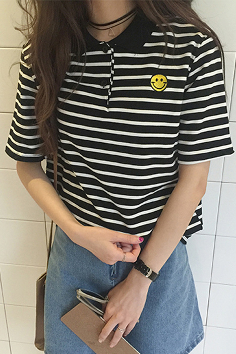 2016韩版夏季新款条纹刺绣笑脸T恤