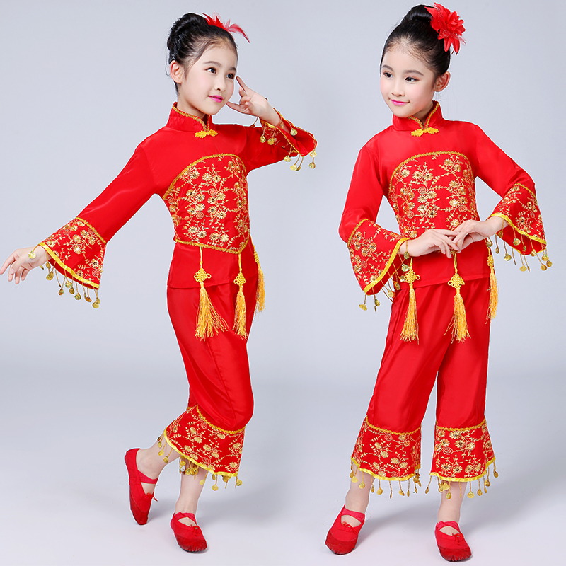 六一新款儿童演出服幼儿民族秧歌服喜庆女童表演服儿童服装红新款