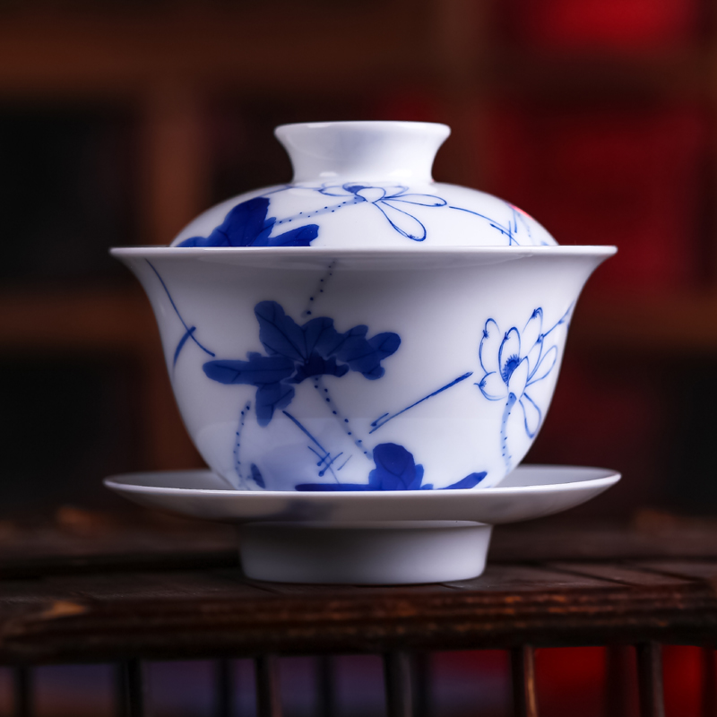 长物居景德镇青花瓷器手绘茶具品茗绿茶盖碗三才杯陶瓷茶碗盖杯