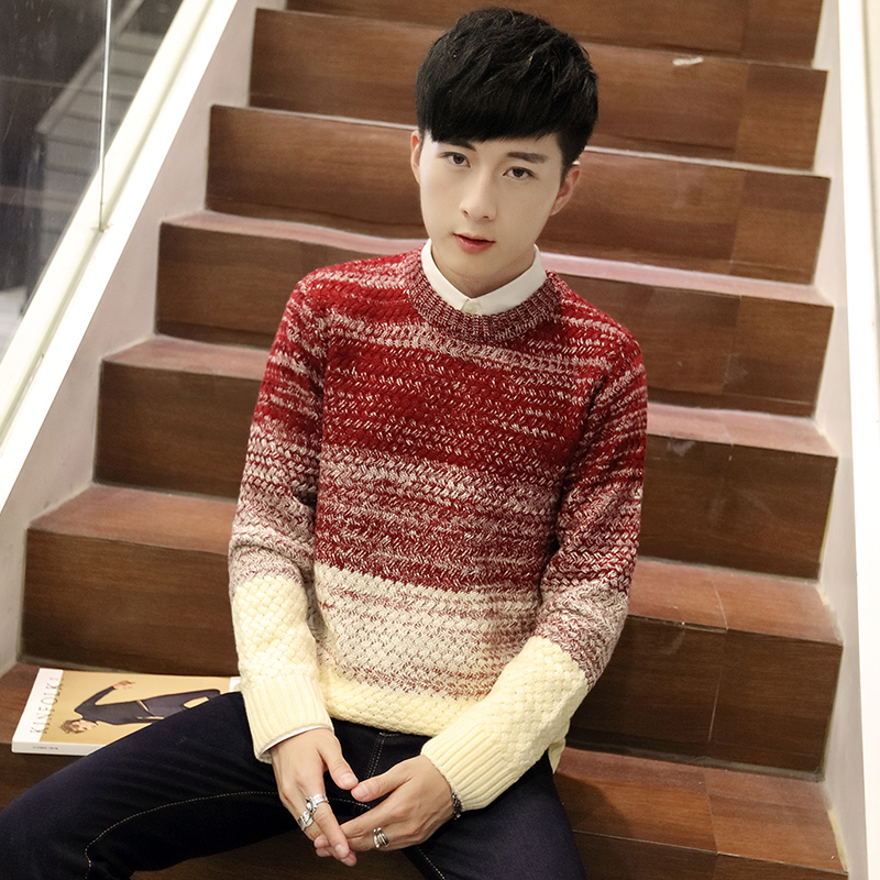 秋季新款韩版修身男士拼色圆领长袖时尚修身针织衫打底毛衣