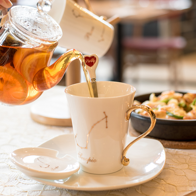 创意十二星座马克杯骨瓷水杯陶瓷带盖带勺欧式牛奶咖啡杯情侣杯子