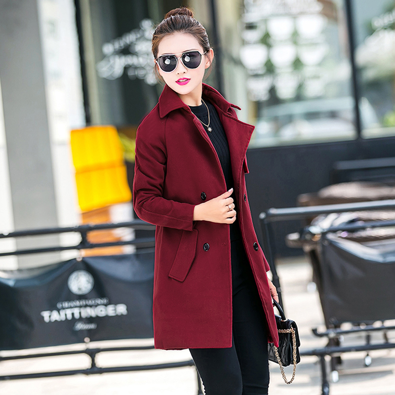 2016韩版秋冬装毛呢外套女长袖修身显瘦双排扣中长款时尚呢子大衣