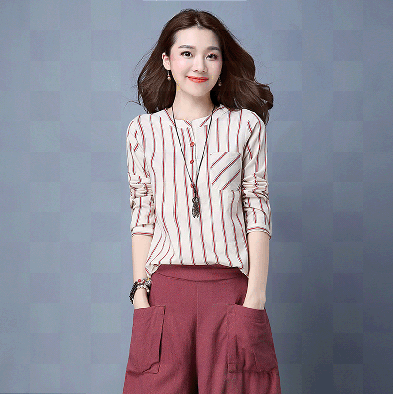 2016秋季新款韩版中老年女装文艺大码条纹纯棉立领长袖衬衣
