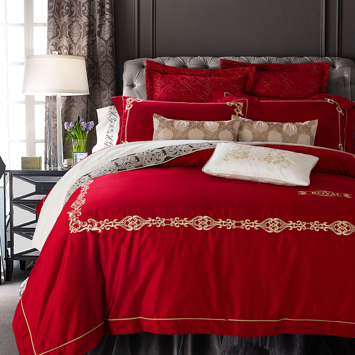 全棉贡缎新婚庆四件套大红色刺绣花结婚床上用品1.8m床单被六件套