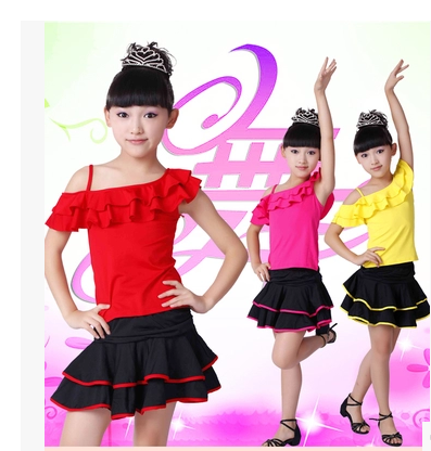 儿童演出服服拉丁舞裙舞表演少儿练功服女童新款粉红色夏季黄色