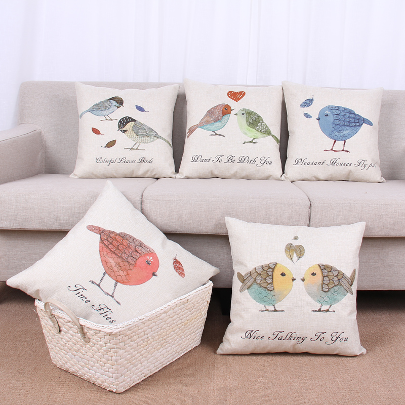 韩式小鸟和羽毛印花图案靠枕清新田园风简洁文艺厚实棉麻抱枕套