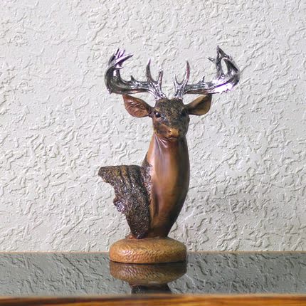 热卖 北欧美式复古招财鹿头摆件 电视柜动物仿木装饰摆设 工艺品