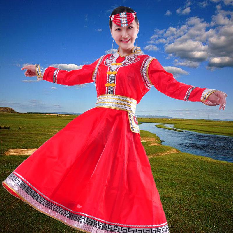 蒙古袍女款新款舞蹈成人民族风蒙族长裙长袖表演出夏季蒙古服红色