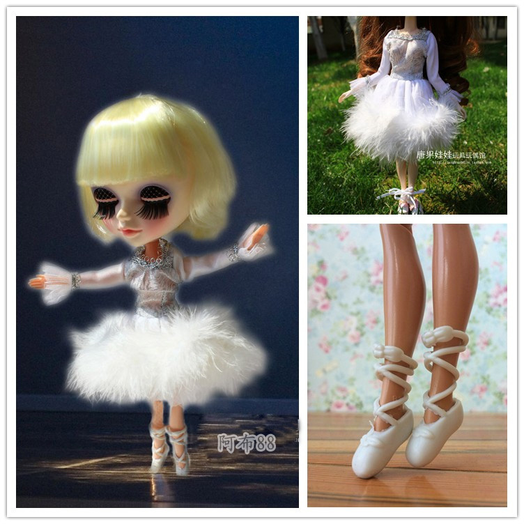 小布唐果娃娃衣服 白色羽毛芭蕾舞裙娃鞋 3分栗色高温丝卷发假发