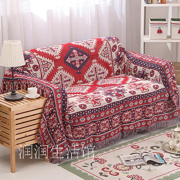 美式纯棉线毯休闲毯 沙发盖毯民族风格双面针织毯单双人沙发毯