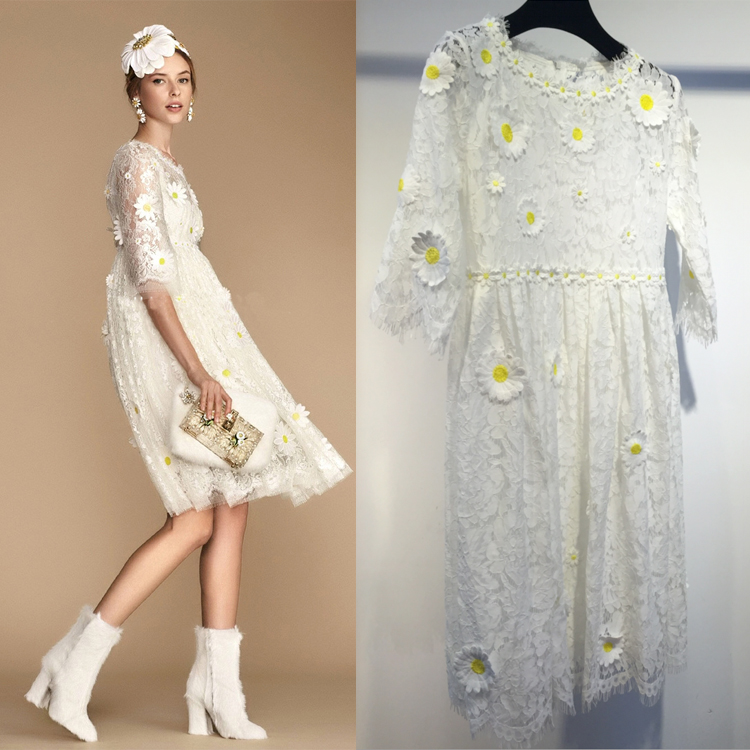 三个七定制 2016新款白色小雏菊蕾丝连衣裙