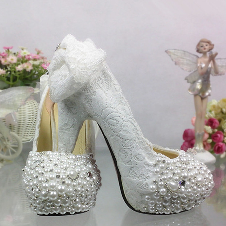 韩国蝴蝶结公主蕾丝婚鞋白色水晶超高跟防水台水钻手工花朵新娘鞋