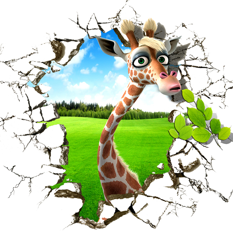3D画馆画展墙画壁纸墙贴立体三维涂鸦设计定制动物园长颈鹿吃树叶