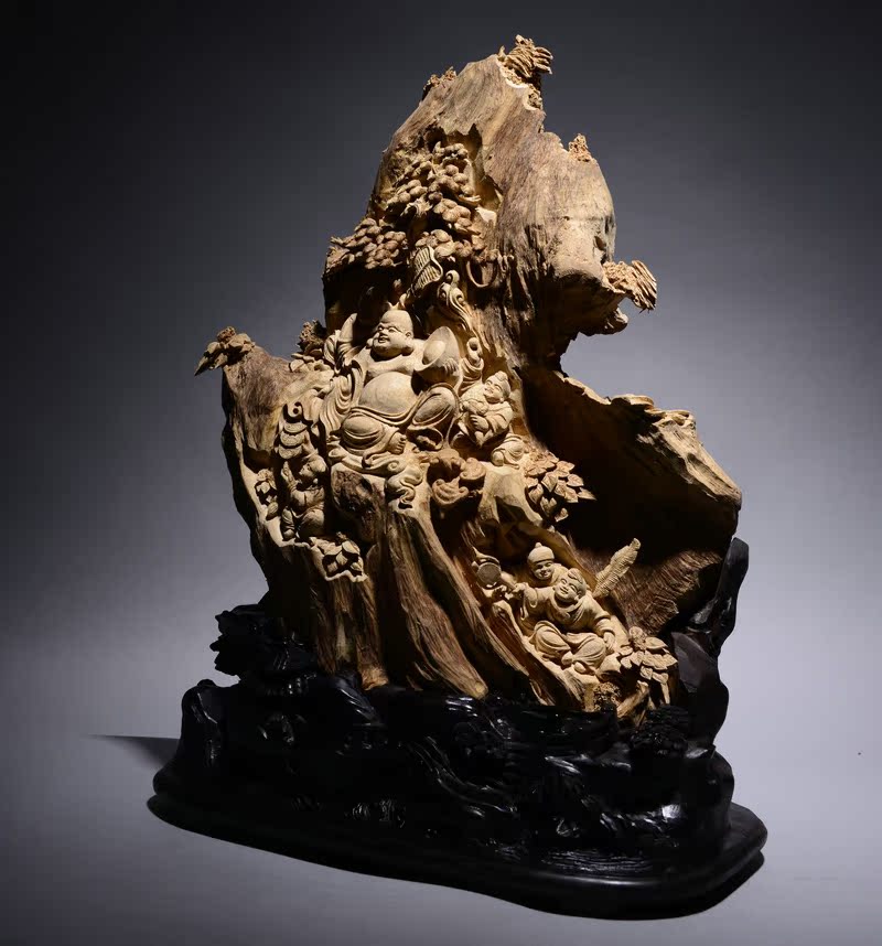 印尼万年沉香木根雕艺术品五子戏弥勒传世收藏品摆件礼物51cm