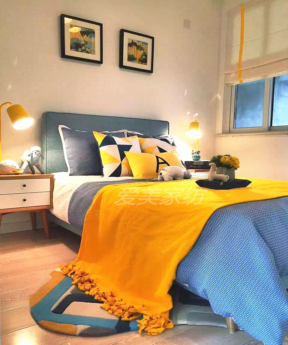 高端简约现代样板房别墅儿童床上用品 蓝黄拼色混搭床品8件套含芯