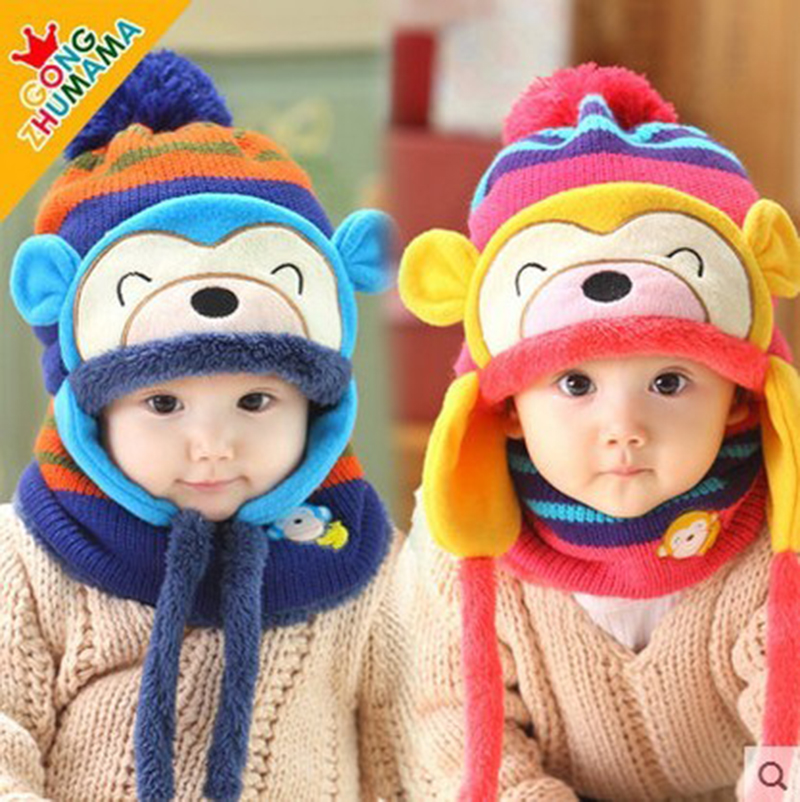 韩国男女宝宝猴子帽6-12个月幼儿帽套头帽秋冬加绒厚帽子毛线帽潮