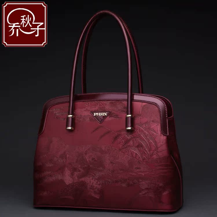 女包 手提包2016款酒红色原创民族风压花贝壳包中号单肩女士包包