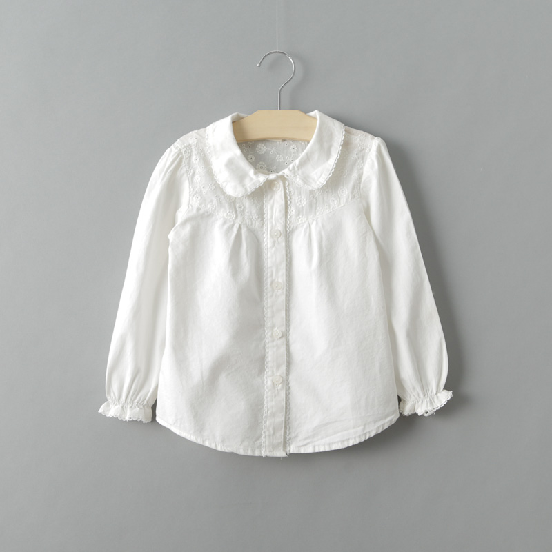 2016春秋童装儿童宝宝女童白色刺绣娃娃领纯棉长袖衬衫打底衣衬衣