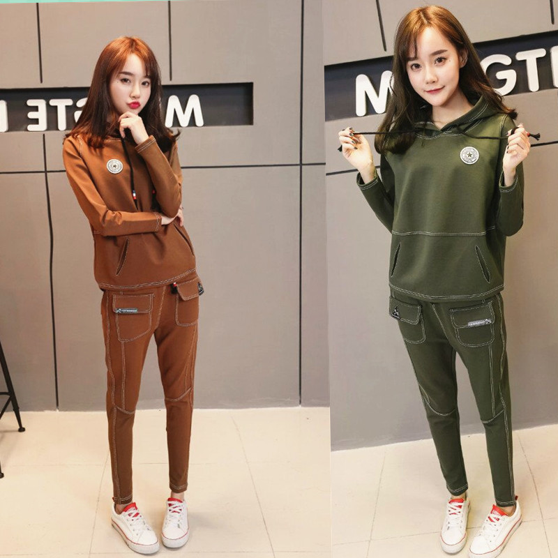 2017秋装新款韩版显瘦连帽卫衣休闲运动套装女两件套学生服小腿