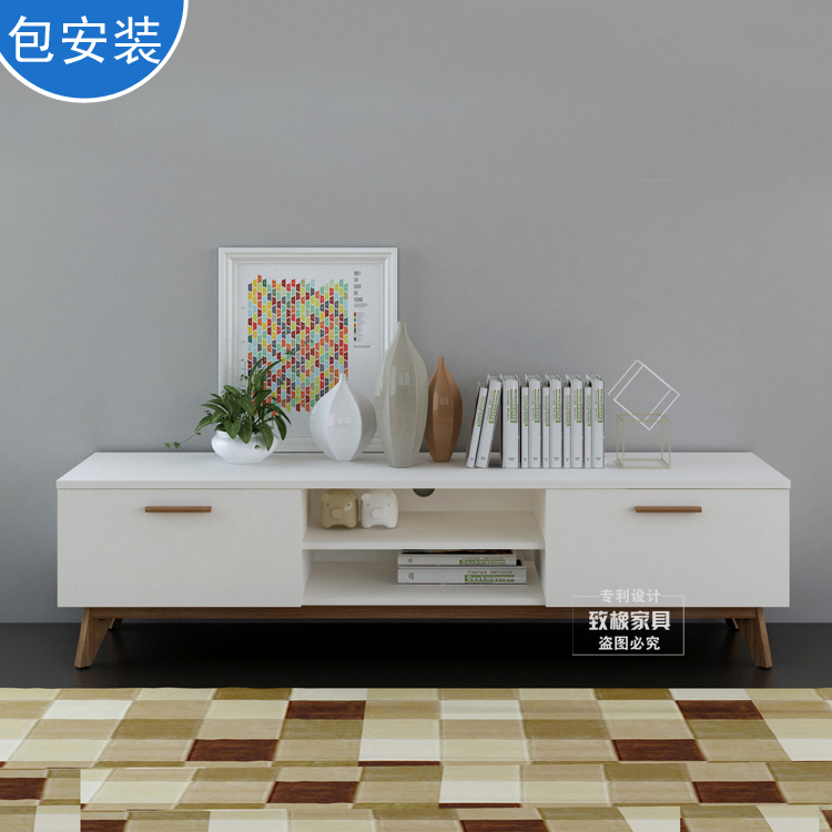 北欧电视柜 白色哑光烤漆地柜影视柜现代简约家具实木客厅柜1.6米