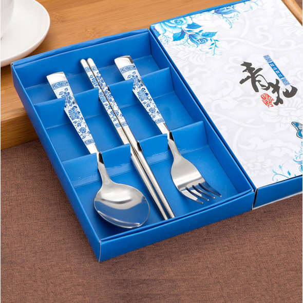 中国风青花瓷餐具不锈钢叉勺筷套装公司活动回小礼发定制logo
