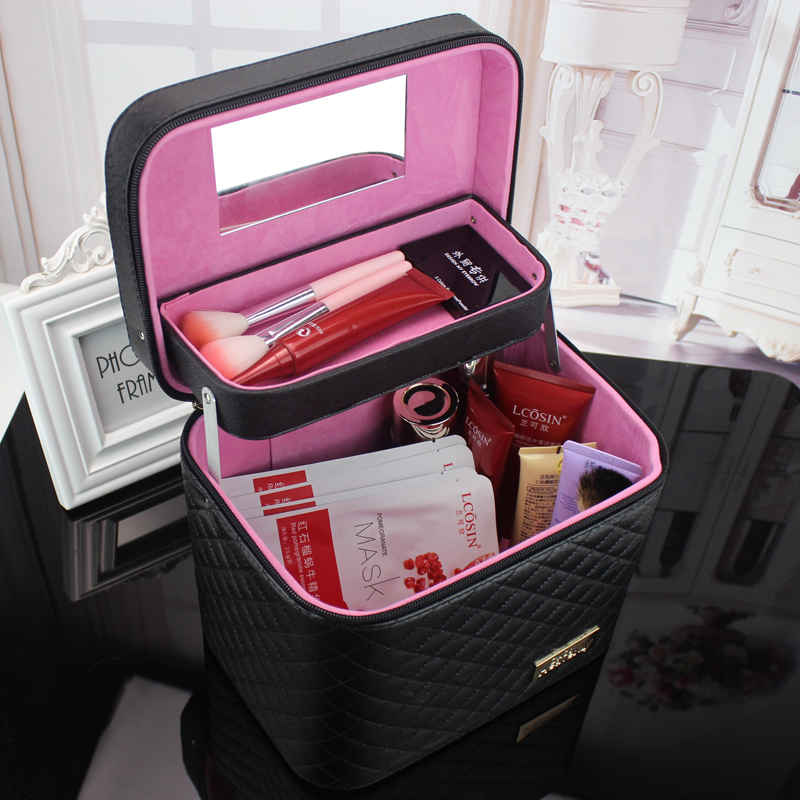 韩国双层大容量手提化妆包旅行收纳包收纳箱带镜子手提化妆箱包邮